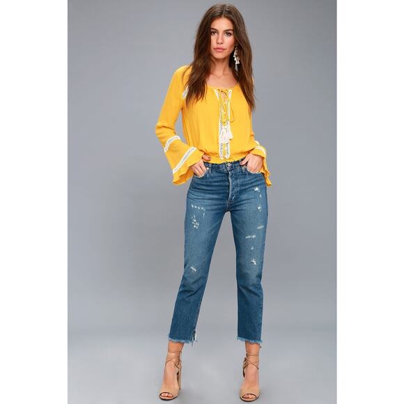 Lulus Embroidered‎ Crop Top Yellow Boho Blouse Size Small - Picture 9 of 9